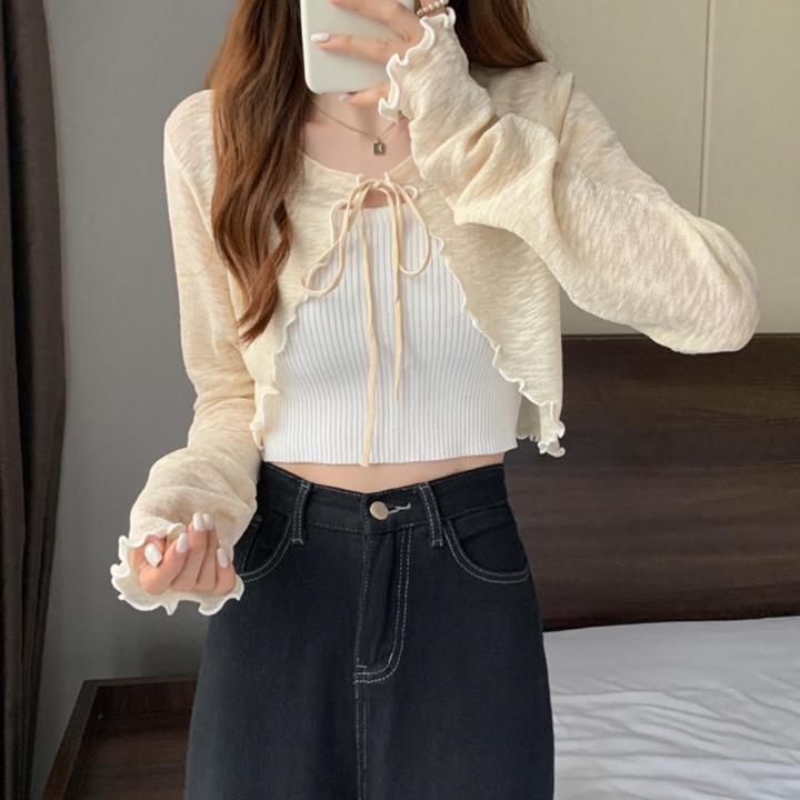 Summer%20Women%20Thin%20Sunscreen%20Cardigan%20Lace-up%20Knitwear%20Tops%20Female%20Korean%20Style%20Lantern%20Sleeve%20Short%20Coat%20Casual%20Sun%20Protected%20-%20Image%204