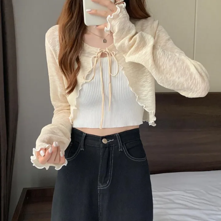 Summer%20Women%20Thin%20Sunscreen%20Cardigan%20Lace-up%20Knitwear%20Tops%20Female%20Korean%20Style%20Lantern%20Sleeve%20Short%20Coat%20Casual%20Sun%20Protected%20-%20Image%204