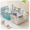 Durable Open Plastic Storage Basket with Double Wooden Handles - For Bathroom, Kitchen, and Outdoor Organization, Shelf Baskets. 
