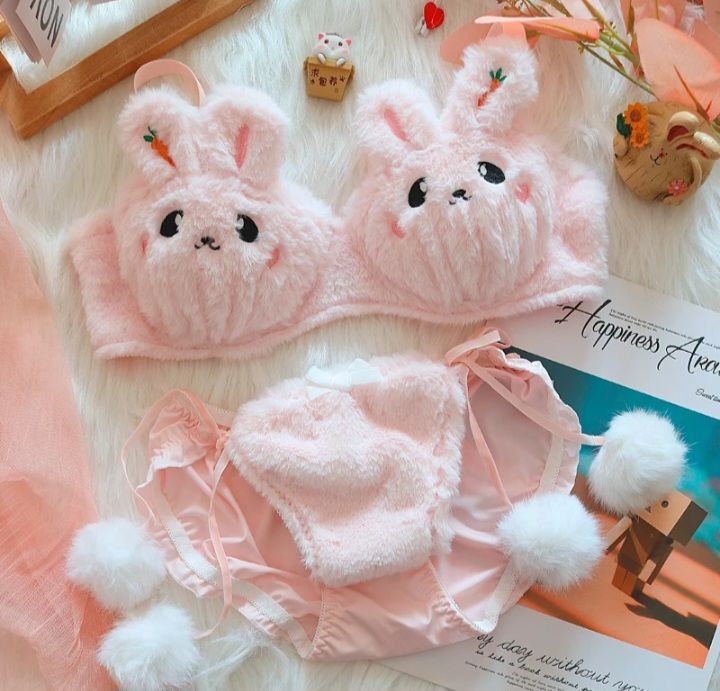 Japanese lolita girls Plush lingerie with underpants no steel ring push-up bra set warm lingerie  underpants suit bralette