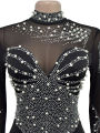 Beyprern Women's Sheer Mesh Crystal Jumpsuits One Piece Outfits Glam Fitted Long Sleeve Pearls Rhinestone Rompers Club Overalls. 