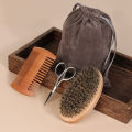 4pcs/set Hair Dough Beard Brush & Comb Scissors Set for Men Soft Boar Bristle Brush Bamboo Wide Tooth Comb Soften Your Beard. 