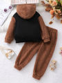 Autumn And Winter Boys And Boys Casual Cute Bear Pattern Hooded Long Sleeved&Long Pants Hairy Two-Piece Set. 