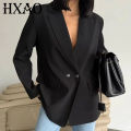 HXAO Blazer Women Double Breasted Pocket Women's Jacket 2025 Long Sleeve Casual Blazers Woman Chic Office Wear Ladies Coat. 