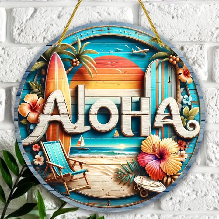 1 Aloha Wooden Sign Pendant/Round Beach Wall Art with Wreath Welcome ...