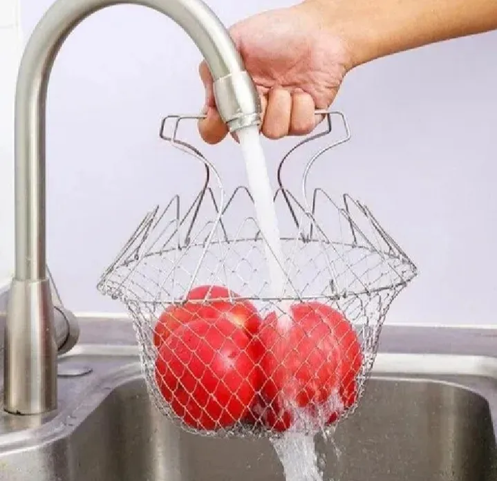 ORANGLES 2 in 1 Foldable Chef Basket Vegetable Frying Tool, Multifunctional Stainless Steel Mesh Strainer for Frying, Boiling, Steaming and Draining Vegetables, Pasta and Food, Kitchen Cooking Basket - detailed closeup view - illustrating benefits - Image 3 of 3 | created for all | Shop 2 in 1 Foldable Chef Basket Vegetable Frying Tool, Multifunctional Stainless Steel Mesh Strainer for Frying, Boiling, Steaming and Draining Vegetables, Pasta and Food, Kitchen Cooking Basket North Carolina | Free Shipping ORANGLES