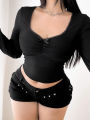 Plus Size Women Spring & Autumn Casual Solid Colour Lace T-Shirt Long Sleeve , Black Long Sleeve Tops Polyester. 