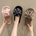 Casual Fluffy Slippers Women House Flats Fashion Winter Bowknot Love Designer Shoes Ladies Home Plush Platform Elegant Footwear.