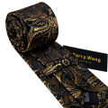 Barry.Wang Gold Black Jacquard Mens Tie Hanky Cufflink Brooch Set Floral Paisley Necktie Pin For Male Wedding Business Gift. 