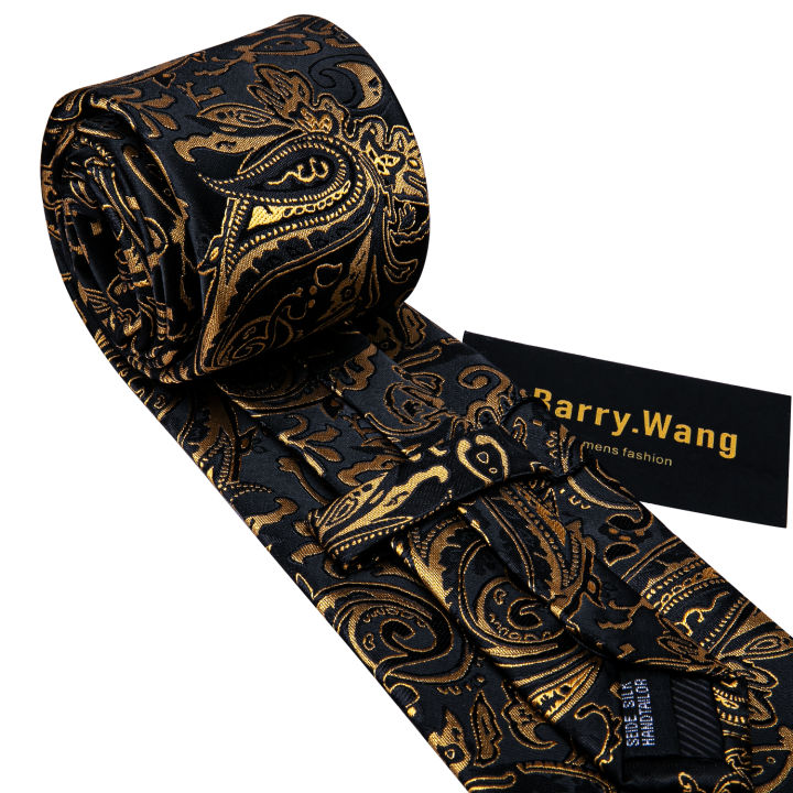 Barry.Wang%20Gold%20Black%20Jacquard%20Mens%20Tie%20Hanky%20Cufflink%20Brooch%20Set%20Floral%20Paisley%20Necktie%20Pin%20For%20Male%20Wedding%20Business%20Gift%20-%20Image%203