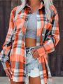 Women Plus Size Fashion Plaid Printed Shirt Casual Loose Long Sleeved Shirt  Lapel Design Shirt Tops. 