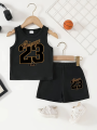 Black-Gold No.23 Basketball Tank Set - Chicago Sporty Style Boys’ Cool Basketball Summer Outfit. 