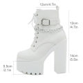 Gdgydh Women's Chain Decor Block Heeled Boots Fashion Lace Up Side Zipper Platform Boots Stylish Ankle Boots High Heels. 