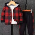 Spring Autumn Plaid Print Baby Boy Long Sleeve Hooded Fleece Lined Shirt Color Block Pants Two-Piece Casual Outfit for Toddlers.
