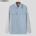 Handsome Men's Clothing Tops INCERUN 2024 Striped Patchwork Design Shirt Casual City Walk Comfortable Long Sleeved Blouse S-5XL. 