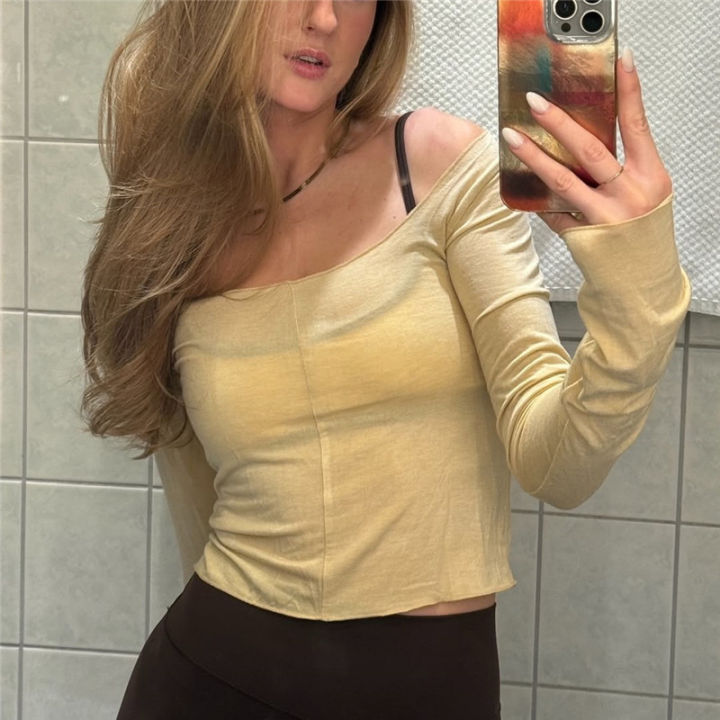 Women%20Casual%20Off%20Shoulder%20Long%20Sleeve%20Crop%20Tops%20Yoga%20Fitness%20T-shirt%20Solid%20Slim%20Fit%20Workout%20Gym%20Sports%20Training%20Pullovers%20Tees%20-%20Image%205