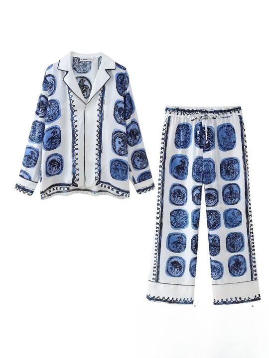 KONDALA%20Vintage%20Casual%20Print%20Women%20Suit%20Single%20Breasted%20V%20Neck%20Shirts+Loose%20Wide%20Leg%20Long%20Pants%20Fashion%202024%20Autumn%20Women%20Sets%20-%20Image%204