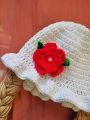 white cap red flower baby hair cap crochet long hair cap for kids. 