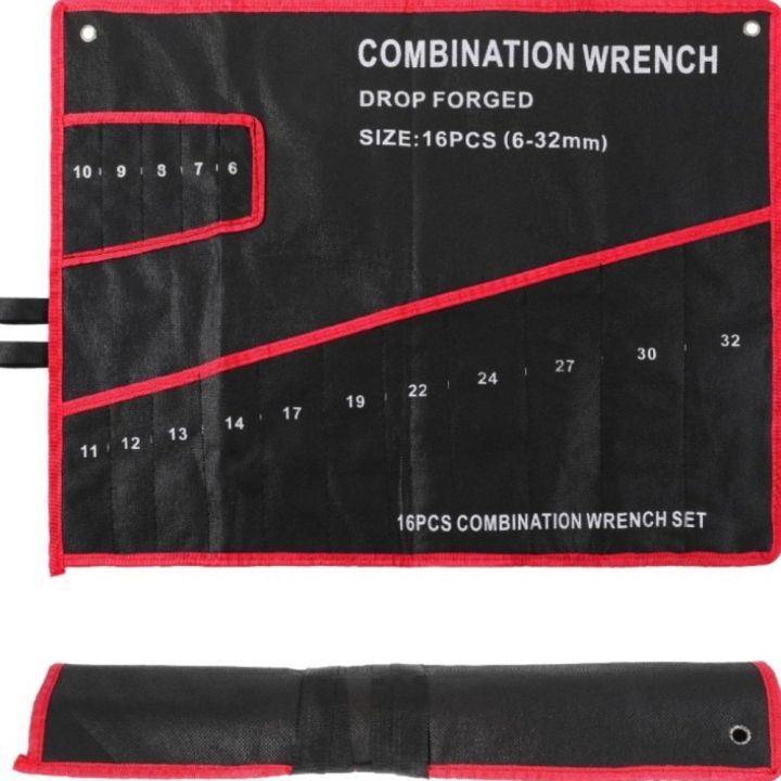 16-Pocket Black Tool Bag W/Red Stitching - Compact Wrench Organizer for Mechanics & Craftsmen, Secure Zipper & Multi-Pockets