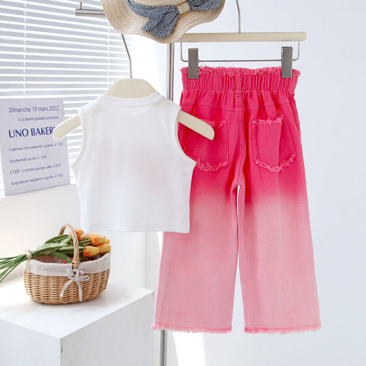 New%20Spring%20Summer%20Girls%20Clothing%20Set%20Sleeveless%20Bow%20Embroidery%20Shirt%20+Butterfly%20Decoration%20Gradient%20Ripped%20Denim%20Jeans%202Pcs%20Suit%20-%20Image%202