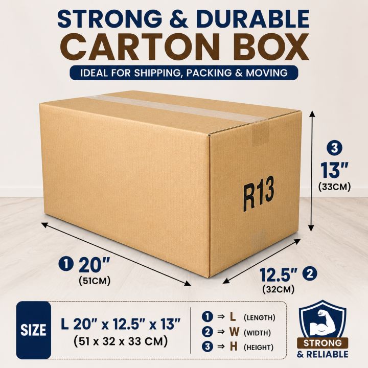 Big Size Strong Carton Box 20x12.5x13 Inch (51x32x33 cm) ideal for packing, moving and shipping. Durable corrugated box for eCommerce, storage and courier use. Strong build helps protect items during transport. Suitable for home and business use.