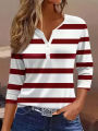 Ladies' striped and printed half-button placket large-size long-sleeved T-shirt, fashionable, elegant, casual, warm long-sleeved.