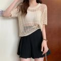 Casual Women Beach Slim Tops O-Neck Summer Sexy Hollow Out Knitting Shirt Women Chic Short Sleeved Knit T-shirt. 