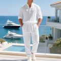 American loose linen set for men autumn Hawaiian home commuter thin Henry shirt long sleeve pants set.
