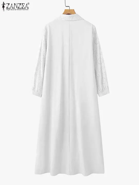 ZANZEA%20Cotton%20Casual%20Lace%20Dress%20Women%20Solid%20Sundress%20A-Line%20Mid-Calf%20Pleated%20Robe%20Summer%202025%20Vintage%20Turn-Down-Collar%20Vestidos%20-%20Image%202