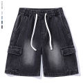 Retro Smoke Gray Cargo Denim Shorts Men's Knee Length Loose Jeans Big Pocket Design Elastic Waist Fashion Korean Casual Shorts.