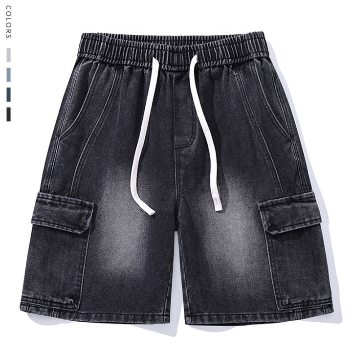 Retro Smoke Gray Cargo Denim Shorts Men's Knee Length Loose Jeans Big Pocket Design Elastic Waist Fashion Korean Casual Shorts