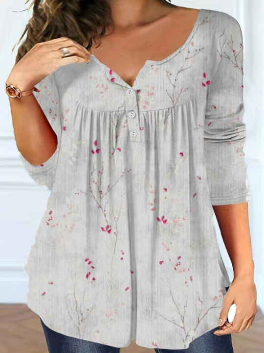 Plus%20Size%20Women's%20Spring%20and%20Autumn%20Long%20Sleeve%20Random%20Plant%20Print%20Button%20T-Shirt%20-%20Image%204