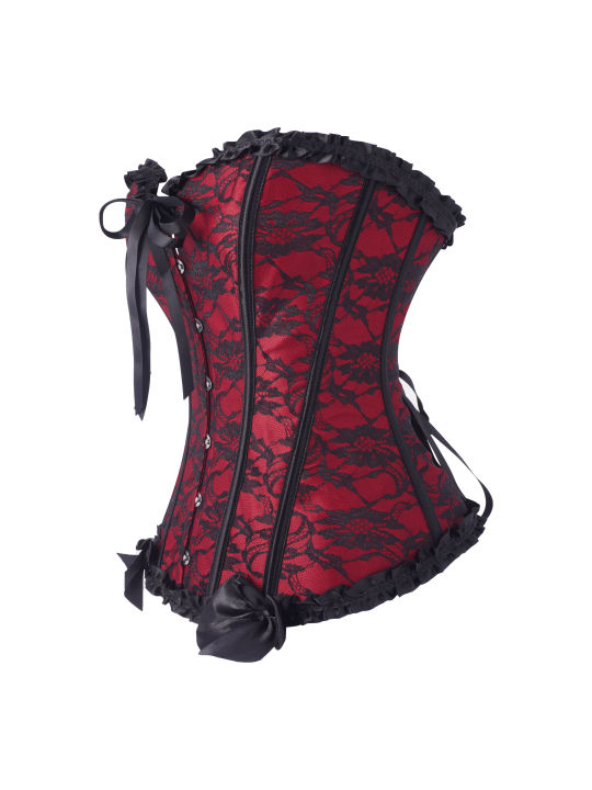 Women%20Gothic%20Floral%20Lace%20Overbust%20Corset,%20Sweetheart%20Strapless%20Bustier%20with%20Ruffle%20Trim%20Front%20Bow,%20Busk%20Closure%20Lace%20Up%20Back%20-%20Image%204