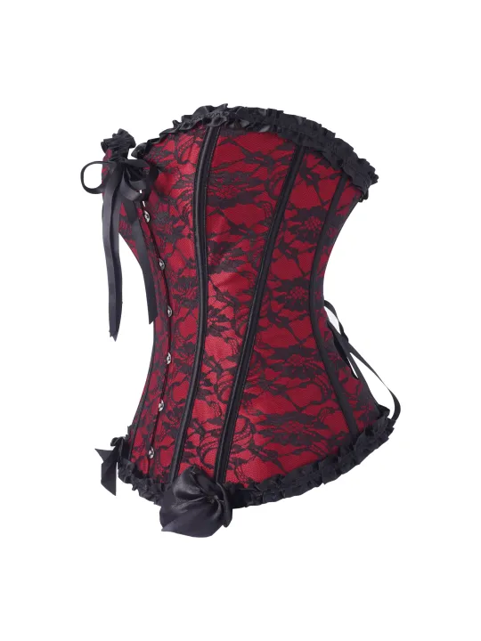 Women%20Gothic%20Floral%20Lace%20Overbust%20Corset,%20Sweetheart%20Strapless%20Bustier%20with%20Ruffle%20Trim%20Front%20Bow,%20Busk%20Closure%20Lace%20Up%20Back%20-%20Image%204