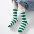Children's socks in three pairs, spring and autumn style, simple and versatile, green striped socks for boys and girls. 