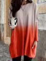 Fall/Winter New Fashionable Elegant Gradient Print Casual Crew Neck Pocket Plus Size Women's Long T-Shirt Top.