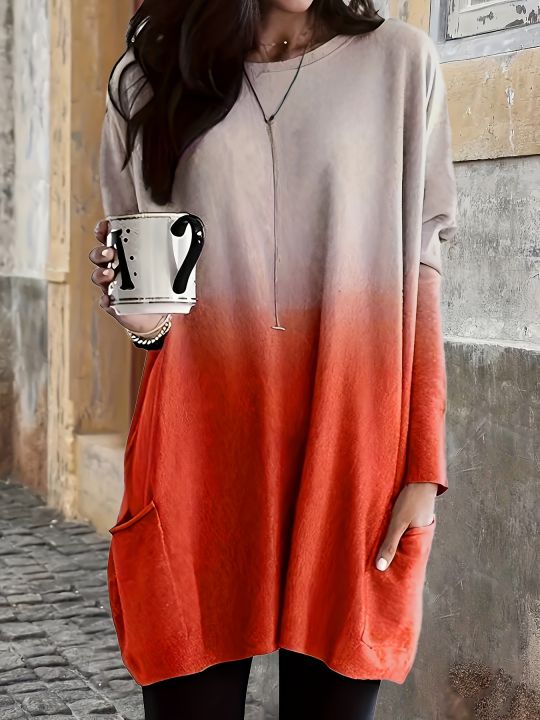 Fall/Winter%20New%20Fashionable%20Elegant%20Gradient%20Print%20Casual%20Crew%20Neck%20Pocket%20Plus%20Size%20Women's%20Long%20T-Shirt%20Top%20-%20Image%202