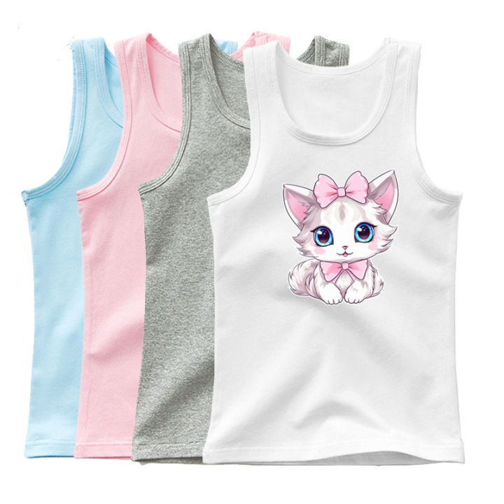 2024 Summer Girls Cute Cat Print Vest Princess Girl Fashion Tank Top Kids Sleeveless T-shirt 3-14y