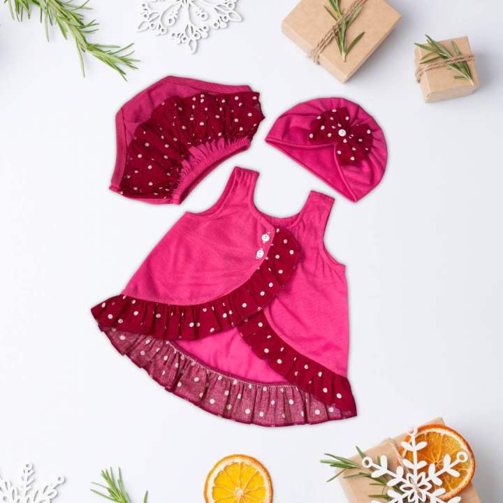 Crossover baby frock plain design frock with frill panty short and turban bow cap