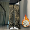 Winter Girls Leopard Print Plush Thermal High Waist Jeans Women Fleece Snow Warm Denim Pants Lady Retro Baggy Wide Leg Trousers. 