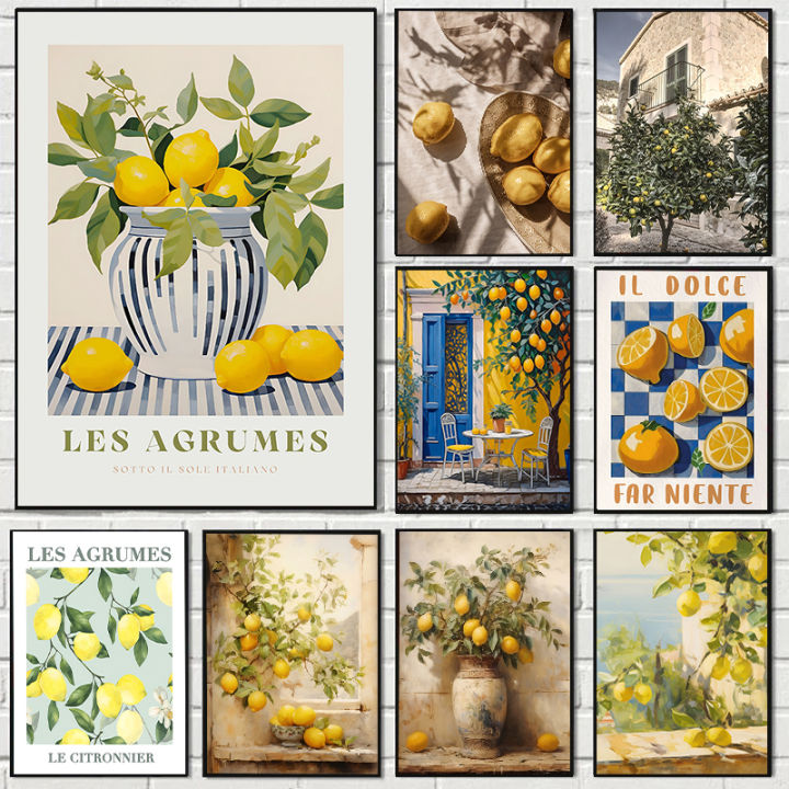 Retro Lemon Garden Canvas Poster Fresh Lemon Olive Tree Wall Art Prints ...