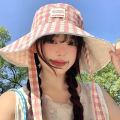 Double-sided Plaid Wide-edged Lace-up Bucket Hat Summer Outdoor Versatile Sunscreen Sweet Contrasting Color Plaid Women's Caps. 