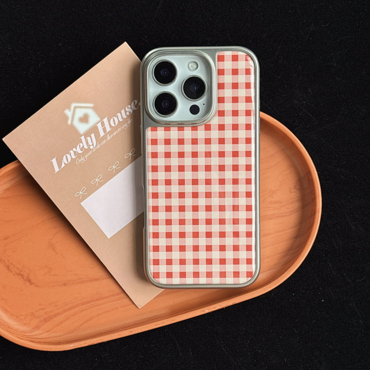 Simple Red Plaid Grid Pattern Acrylic Material Glossy Surface Silver-Plated Phone Case for iPhone 13 14 15 16 17 Pro Max
