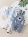Baby Boy Striped T-Shirt + Cartoon Bear Denim Overalls Set, Cute Summer Casual Outfit for Going Out. 