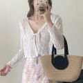 Sheer Pointelle Knit Crop Cardigan with Tie Front Openwork Long Sleeve Short Jacket Top Cover for Women Teen-girl Cute Outfit.