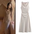 ETJ Elegant Wrinkled Silk Satin Party Dress For Women Slim Sleeveless Fashion Evening Dress 2025 Summer Collection. 