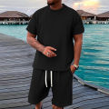 2-piece men's short sleeved shorts set, made of jacquard fabric suitable for fitness, running, and outdoor leisure activities.