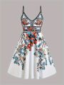 Summer Holiday Flower Leaf Printing Plus Size Dress Trumpet A-Shaped Sling Mini Dress. 