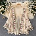 Summer Women's Shirt Bohemian Holiday Style Embroidered Tassel Chiffon Cardigan New Waist Female Slim Short Tops.
