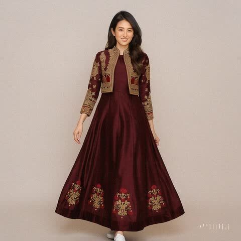 Dealistaan Multicolor Silk Maxi Dress Multicolor Heavy Embroidered Stitched Long Wear Dress with Koti Dec-002
